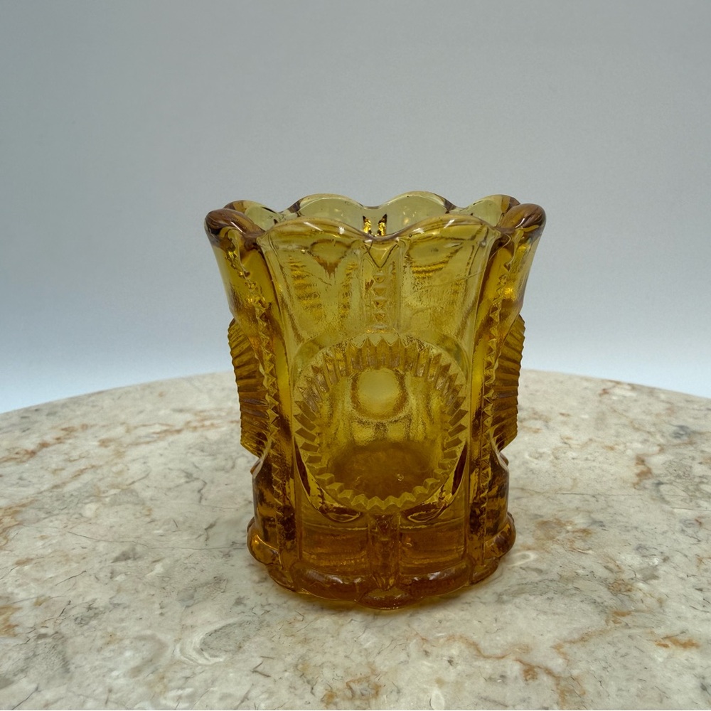 Vintage Amber 2.5” Pressed Glass Toothpick Or Match Holder